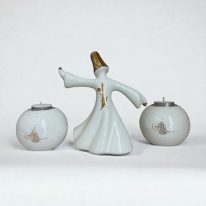 Whirling Dervish Figurine with Gold Accents and 2 Candle Holders Islamic Sufi Art Gift Set, Semazen Spiritual Home Decor housewarming gift
