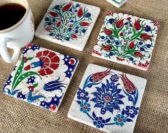 Tulip Travertine Coasters, Set of 4, Turkish Floral Stone, Anatolian Decor