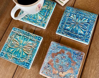 Mediterranean Tile Coasters, Natural Travertine Stone, Set of 4