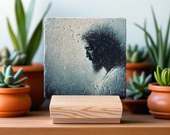 Jesus Christ Travertine Stone Desktop Art, Christian Decor, Wooden Stand, Unique Religious Gift