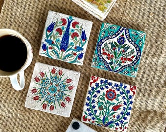 4 Stk. Merry Xmas Weihnachten Neujahr Geschenk Iznik Floral Naturstein Ottoman Tile Art Drink Untersetzer Schreibtisch Dekor türkischen Keramik-Stil