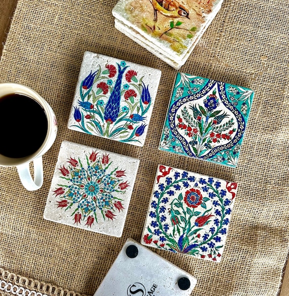 Set of 4 Pcs. Merry Xmas Christmas New Year Gift Iznik Floral Natural Stone Ottoman Tile Art Drink Coasters Desk Decor Turkish Ceramic Style