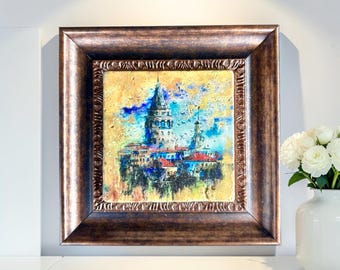 Historic Turkish Decor Galata Tower Istanbul Cityscape Travertine Stone Wall Art