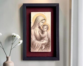 Framed Virgin Mary and Child Wall Art Christian Travertine Stone Icon Catholic Home Decor Gift