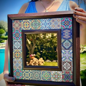 Mirror Natural Stone painting Wall Art Mosaic Stone Tile Ceramic Tile Talavera Tile Natural Wall Hanging Mirror decorative ethnic mirror
