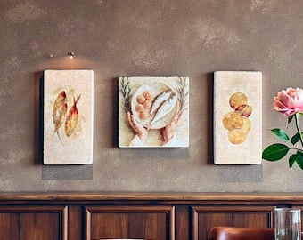 Rustic Stone Tile Wall Art Farmhouse Decor Jesus' miracle Five loaves two fish