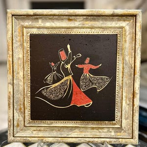 Dervish Semazen Natural stone  Sufi Art Muslim Islamic Calligraphy wall art with wooden frame gift Sufi Rumi Semazen Turkish Spiritual Art