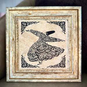 Natural stone Dervish Semazen Sufi Art Muslim Islamic Calligraphy wall art with wooden frame gift Sufi Rumi Semazen Turkish Spiritual Art