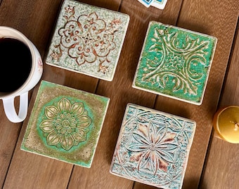 Travertine Stone Coasters, Set of 4, Vintage Farmhouse Table Decor