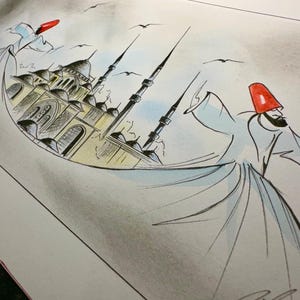 Handmade Whirling Dervish and Mosque Artwork Unique Islamic Calligraphy Inspired Wall Decor Islamic Wall Art Semazen muslim islamic gift
