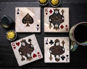 Playing Card Coasters Set Natural Travertine Stone Christmas Gift Xmas Decor