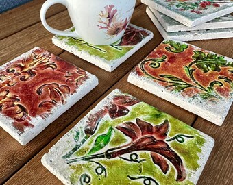 Embossed Floral Travertine Coasters, Rustic Farmhouse Decor, Set of 4