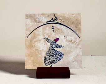 Travertine Whirling Dervish Tabletop Decor Sufi Rumi Calligraphy Stone Gift