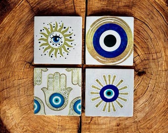 Set of 4 Stone Coaster Evil Eye Coaster Set Drink Coasters Turkish Nazar Design Unique Home Decor Spiritual Gift housewarming gift