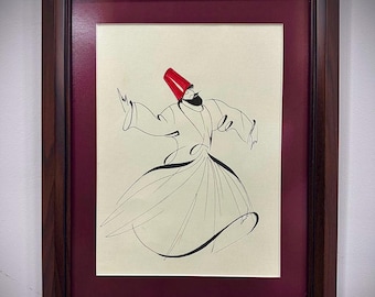 Handcrafted Mevlana Drawing: Rumi Semazen Sufi Art, Spiritual Home Decor