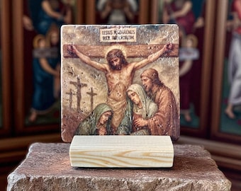 Crucifixion of Jesus Travertine Stone Desktop Art, Christian Decor, Wooden Stand, Unique Religious Gift