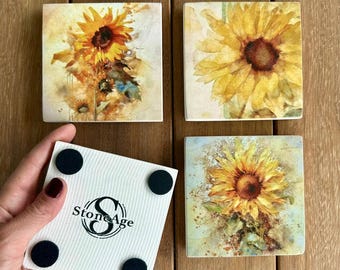 Sunflower Coasters Set Natural Stone Coasters for Book Lovers, Gift for Her Dad, Home Decor, New Home or Housewarming Gift Neutral Homeware