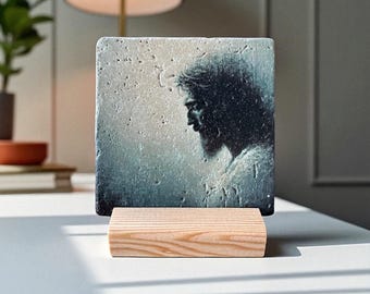 Jesus Christ Portrait, Travertine Stone Art with Wood Stand Desk Table Decor