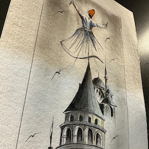 Handcrafted Minimalist Drawing The Grace of Dervish Galata Tower Istanbul Sufi Rumi Semazen Turkish Spiritual Art muslim islamic gift sufism