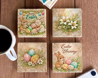 Easter Bunny Travertine Coasters, Spring Floral Drink Coasters, Set of 4