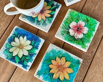 Floral Travertine Coasters, Set of 4, Botanical Decor