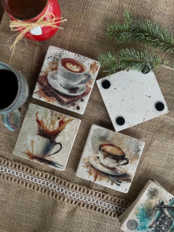 Travertin Kaffee Untersetzer Set (4 Stück) - Rustikale Latte Art, Weihnachtsgeschenk