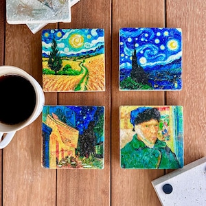 Posavasos de piedra de Van Gogh, juego de 4, decoración artística para el hogar.
