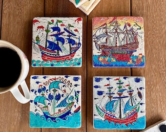 Sailing Ship Travertine Coasters, Nautical Stone Drink Coasters, Set of 4