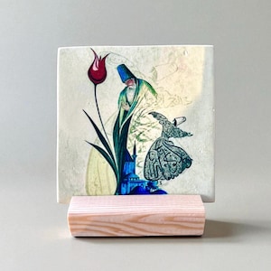 Mevlana Rumi Art  Natural LimeStone with Wooden Stand Sufi Dervish Calligraphy, Islamic Turkish Decor, Spiritual Gift for Home housewarming