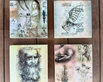 Ensemble de 4 peintures célèbres sous-bocks en pierre sous-bocks sous-bocks Décoration d&#39;intérieur unique, cadeau de pendaison de crémaillère, anniversaire, dessins de Léonard de Vinci