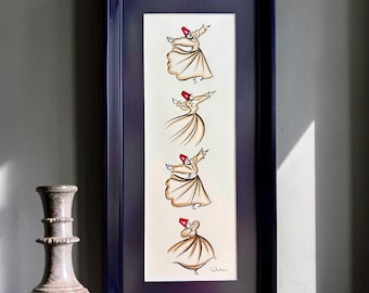 Original Whirling Dervish Hand Drawn Wall Art Framed, Signed Sufi Islamic Decor, Rumi Gift