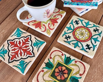 Mediterranean Tile Travertine Coasters, Set of 4, Rustic Table Decor