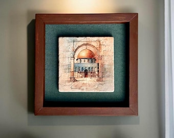 Framed Al Aqsa Mosque Dome of the Rock Travertine Stone Wall Art Islamic Decor Gift