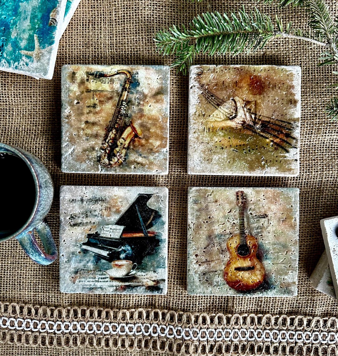 Travertine Music Coasters, Piano, Guitar, Saxophone, Absorbent Drink ...