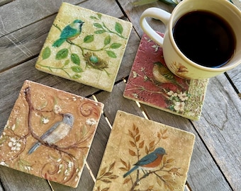 Bird Travertine Coasters, Set of 4, Rustic Farmhouse Decor