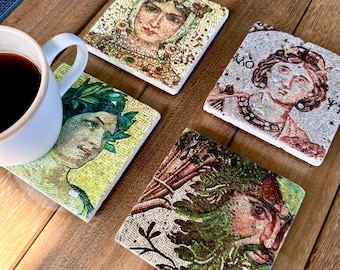 Gustav Klimt Art Travertine Coaster Set, Tree Life Stone Drink Coasters, Unique Housewarming Gift