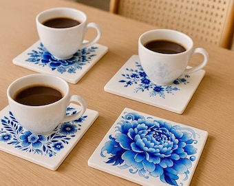 Juego de posavasos de azulejos con diseño de flores azules, posavasos de piedra caliza, posavasos artísticos.