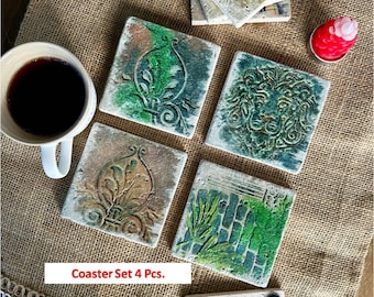 Travertine Stone Coaster Set, Rustic Desk Decor with Wooden Stand