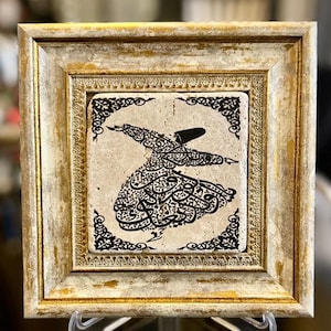 Natural stone Dervish Semazen Sufi Art Muslim Islamic Calligraphy wall art with wooden frame gift Sufi Rumi Semazen Turkish Spiritual Art