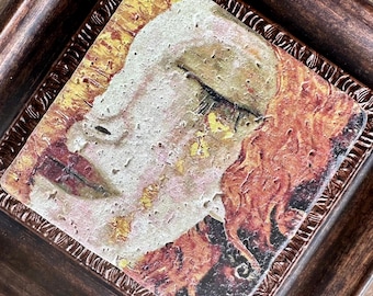 Golden Tears Woman Portrait Natural Stone Art, Klimt Style Decorative Framed Wall Decor Housewarming