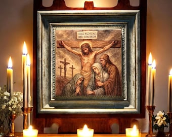 Crucifixion of Jesus Wall Art Christian Religious Decor, Catholic Faith Gift, INRI Cross Painting, Sacred Passion Art, Spiritual Home Decor