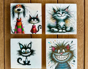 Set of 4 Stone Coaster  Limestone Drink Coasters  Funny Cat Coaster Set Gift Unique Gift Idea Home Decor for Pet Lovers housewarming