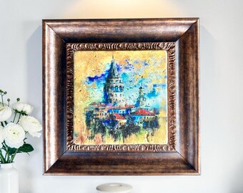 Galata Tower Istanbul Travertine Stone Wall Art, Framed Turkey Decor, Unique Travel Gift