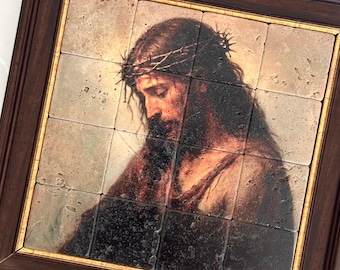 Natural Travertine Stone Jesus Christ Mosaic Tile Portrait Framed Religious Catholic Christian Wall Art
