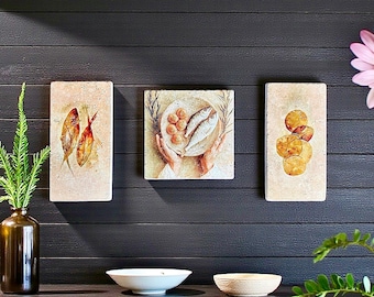 Two Fish and Five Loaves Art, Christian Stone Wall Decor, Biblical Gift