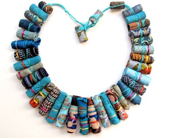 Turquoise Frida Kahlo fiber necklace, ethnic Frida kahlo  fabric necklace, Frida kahlo textile Israeli jewelry, Frida kahlo necklace
