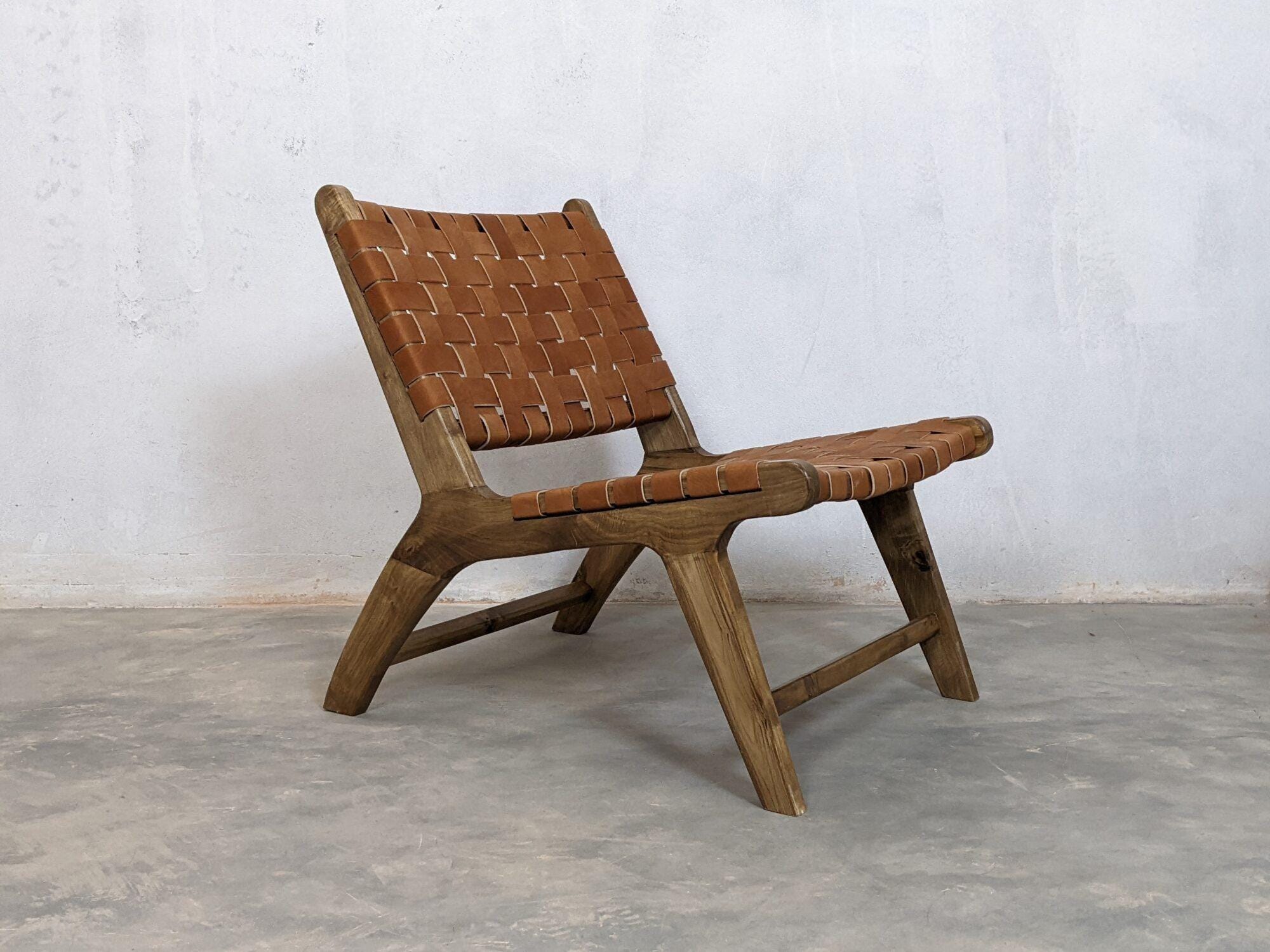 Exquisitely Handcrafted Solid Walnut Lounge Brown Chair with Premium Woven Leather Straps and Mid-Century Modern Silhouette