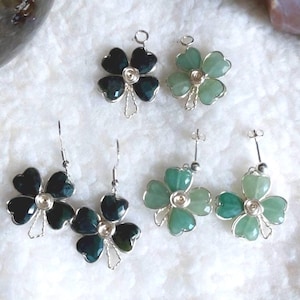 Green Aventurine, Green Agate Four Leaf Clover Earrings and Charms : Sterling Silver