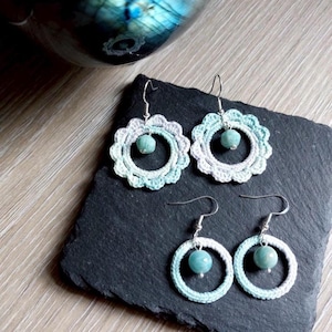 Amezonite with Crochet Hoop Earrings.Natural Gemstone.