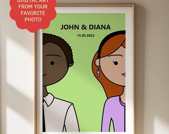 Personalized Couple Portrait from Photo, Custom Couple Gift, Anniversary Gift for Her, Wedding Gift Digital Download, Couple Wall Art
